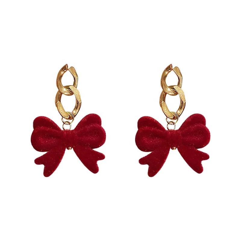 

New Sweet Chain Red Velvet Flocking Hairy Bow-knot Drop Earring for Women Girls Jewelry, Picture shows