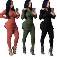 

NA8081 women fashion solid bandage pants and knit slit top two piece set