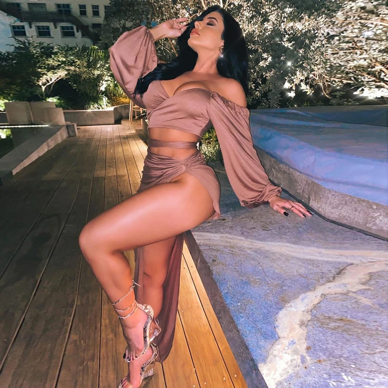 

Summer New Long Lantern Sleeve Ruffle Lace Up Crop Top Twist Split Skirt Ladies Casual Two Piece Skirt Set