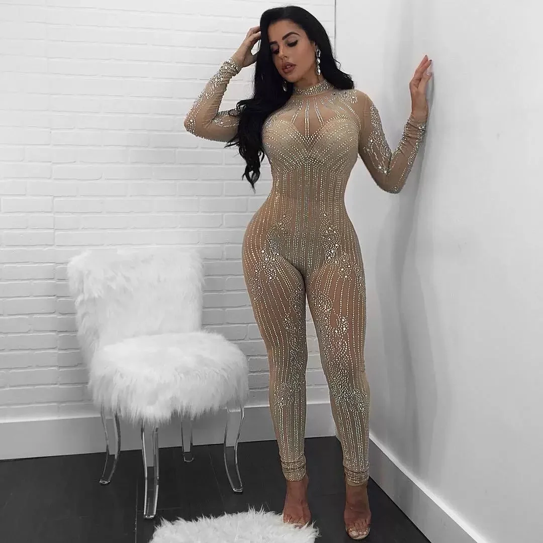 

Women one piece suits Sequins Shining Long Sleeve See Through Bodycon Rompers suits one piece Jumpsuit, 3color