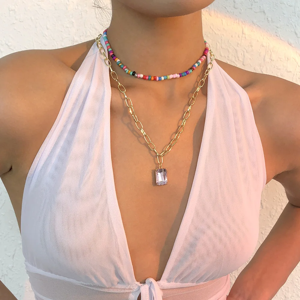

2021 Sailing Jewelry Simple Bohemian Crystal Double Layer Beaded Necklace Curb Chain Crystal Pendant Necklace