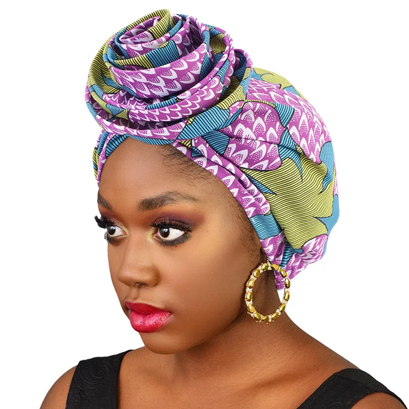 

Ankara Print Vintage Fashion Satin Lining Women Cancer Chemo Caps Double Layer Party 3D Flower Ankara Turban For Female