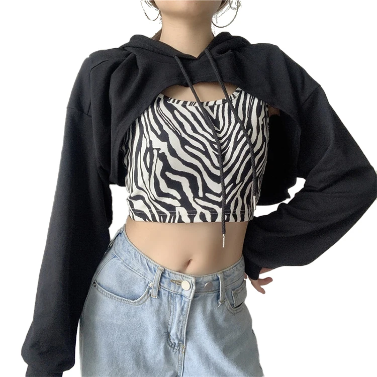 

Young Fashion Hood Crop Top Casual Zebra Pattern Printing Two Piece Set Hoodies Sweatshirts Custom