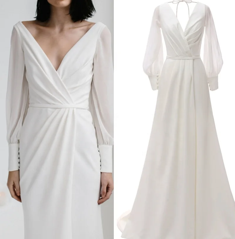 

FANWEIMEI#1214 Sweep Train Simple Boho Chiffon V-Neck Bridal Wedding Gown Dress Chic Long Sleeve Sexy Slit Wedding Dress