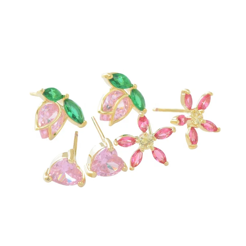 ED64028 Korean diamond earrings fashion gold plated women jewelry 3 pairs set colorful zircon flower stud earrings