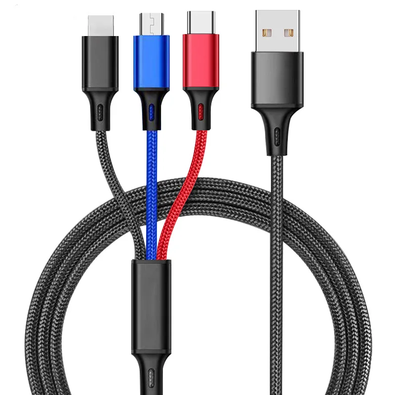 

Wholesale Universal 3 In 1 wire Fast Copper Nylon Braided Cable Usb Charging Data Cable charger cord, Black ,yellow,blue ,gray,mix color