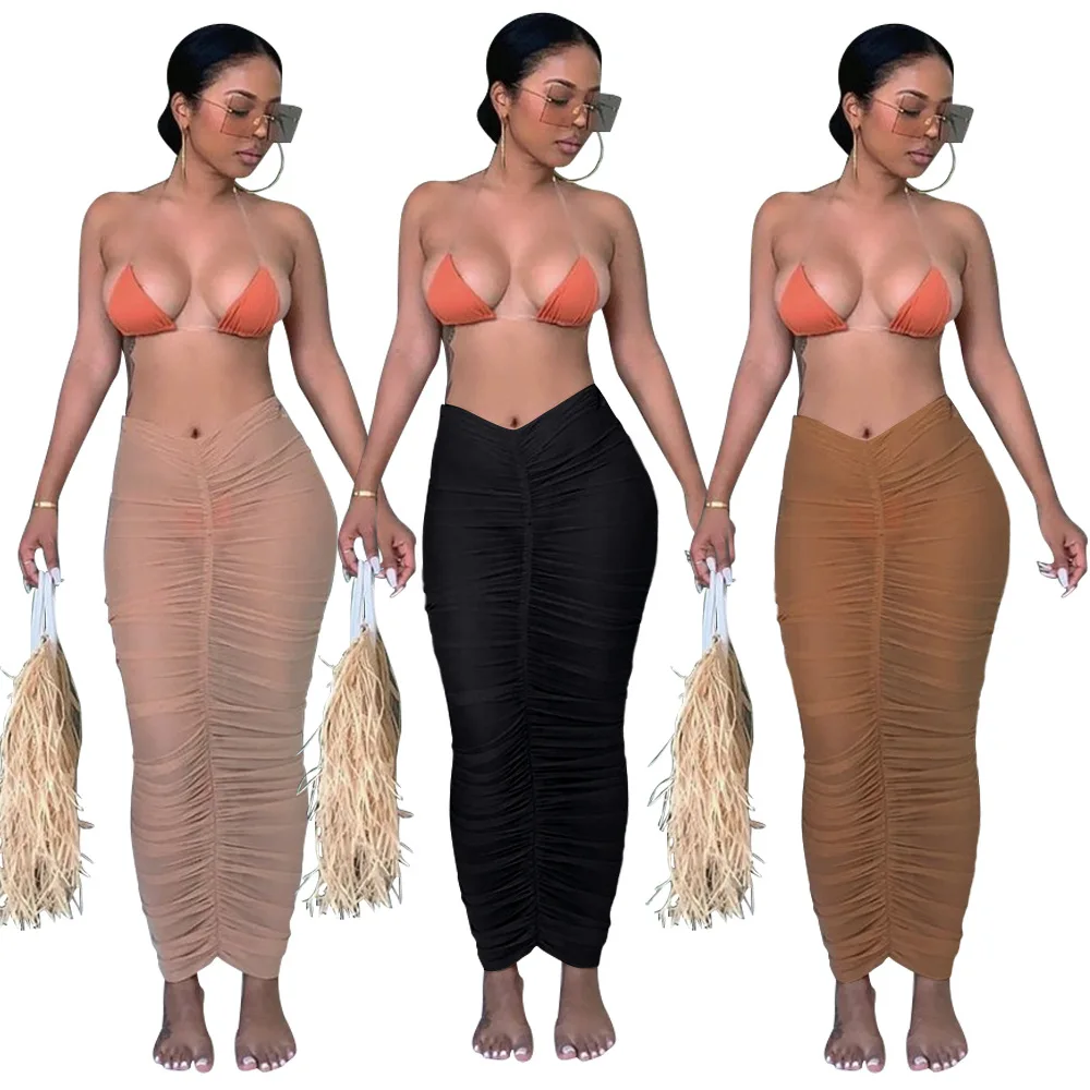 

Drawstring Mesh See Through Maxi Skirt High Waist Long Skirt Sexy Elegant Long Skirt For Ladies