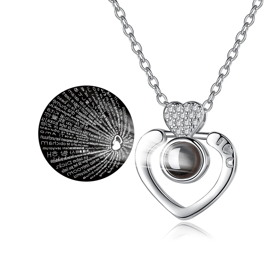 

Trendy 925 Sterling Silver One Hundred Languages Projection Necklace with CZ Heart Love Necklace for Women Couple Birthday Gift
