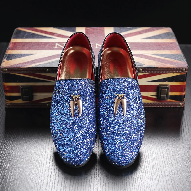 

SS0266 2019 latest new fashion men casual loafers shoes bridal sequin flat dress shoes, White,blue