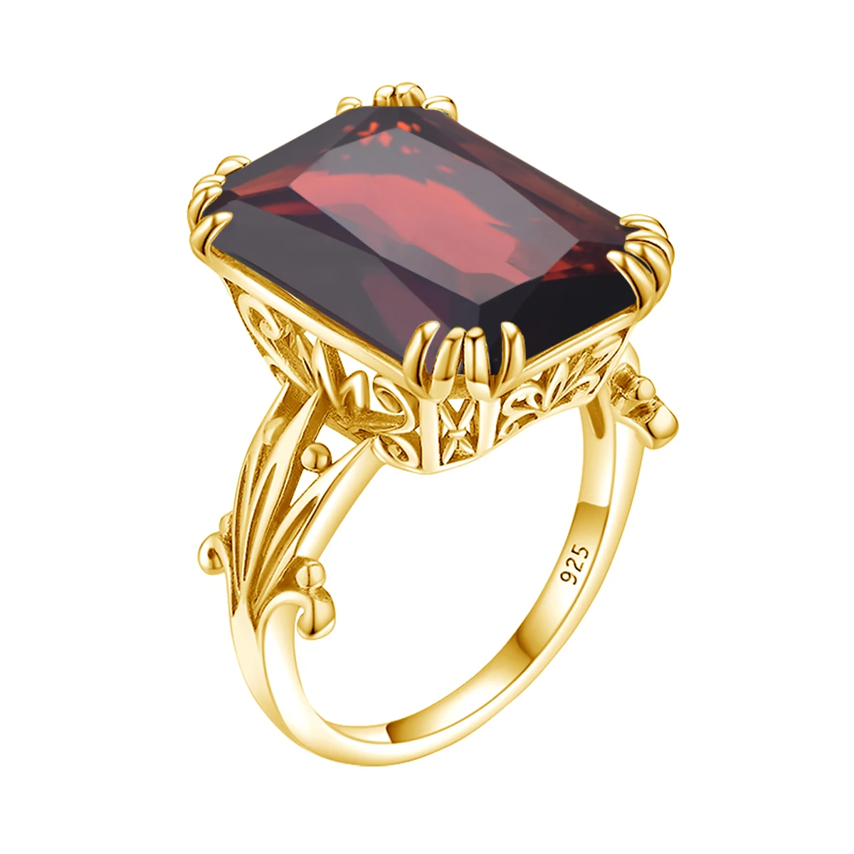 

Trendy 18k Gold Plated Garnet Rings Wedding Party Red Rectangle Gemstone Sterling Silver Ring Femme Dropshipping Jewelry