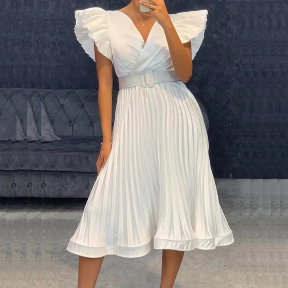 

S to 3XL 2022 Hot Selling Amazon white Sexy V-Neck Pleated Dress