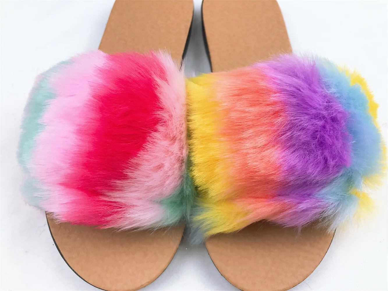 rainbow fur sandals