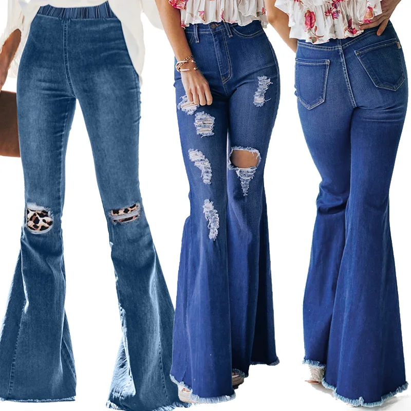

2022 New Arrivals Plus Size Trousers Stylish Ladies Denim Ripped Flare Pants Mujer Jean Destroyed Jeans Women