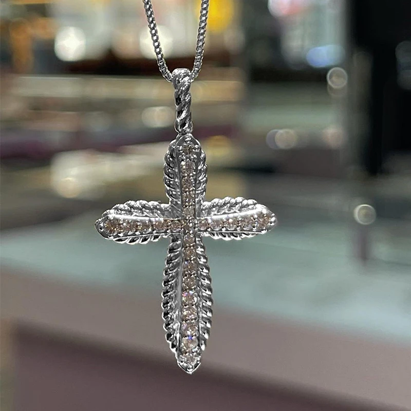 

CAOSHI Shiny Cubic Zircon Cross Pendant necklace chain Double Layer Bling Crystal diamond Cross Necklaces