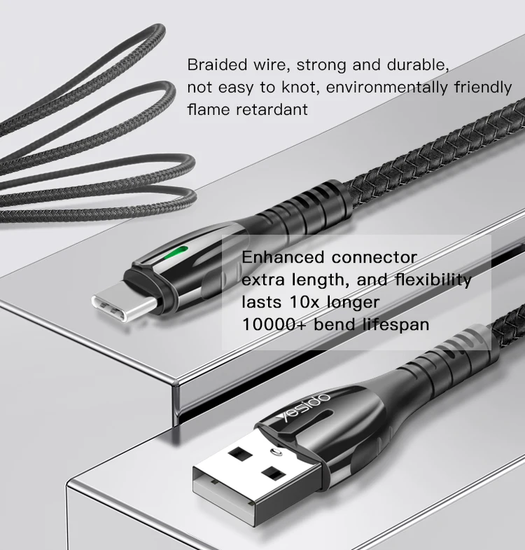 Yesido 2.4A Charging 8Pin Nylon Braided Zinc Alloy Plating Cable Line Mobile Phone Charger Data Usb Cable For Iphone