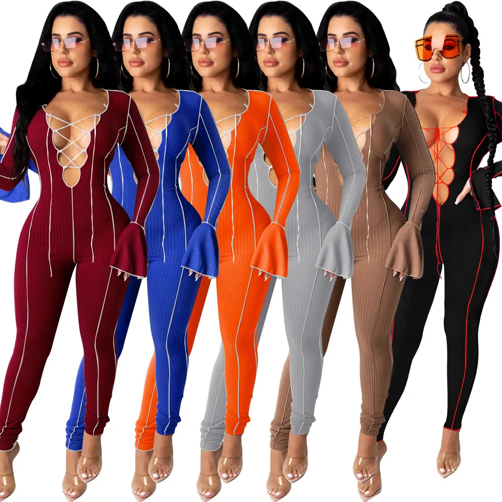 

2022 Ladies Sexy Lace Up Flare Long Sleeve Fitness Bodycon Bandage Jumpsuit Women Hollow Out Classy One Piece Jumpsuit, 6 colors