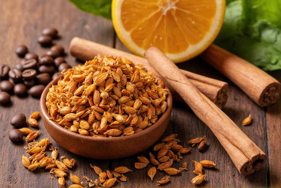 Cardamom spice paired with complementary ingredients like citrus fruits, cinnamon sticks, and coffee beans