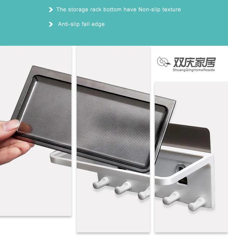 2020 Household multi-function wall mounted hanging plastic storage rack shelf with 5 hooks bathroom kitchen living room