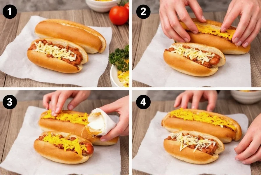 Step-by-step preparation of authentic chili cheese coney showing proper layering of ingredients on steamed hot dog