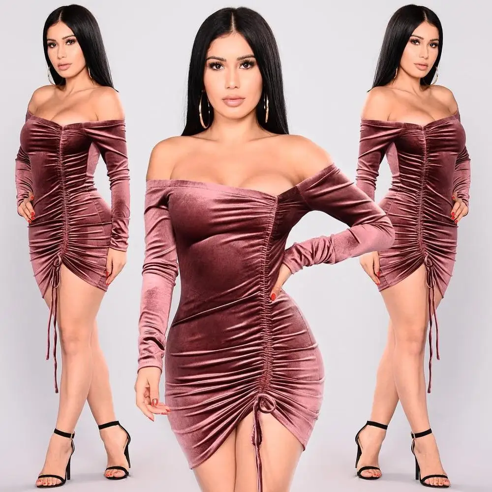 

Wantmove Winter Sexy Slash Neck Drawstring Long Sleeve Solid Mini Casual Women Dress plus size mannequin fatty fat femaleJZ184, Picture color