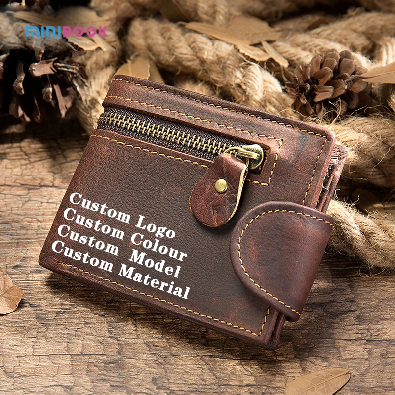 

Minibook Genuine Leather Male New design With Zip Customize Logo Men Wallet