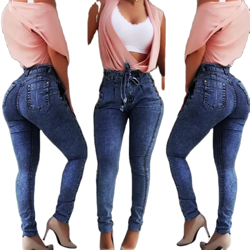 

APOLLO Street Style Trousers Casual Skinny Denim Fashion Drawstring Belt Pencil Pants Women's Jeans
