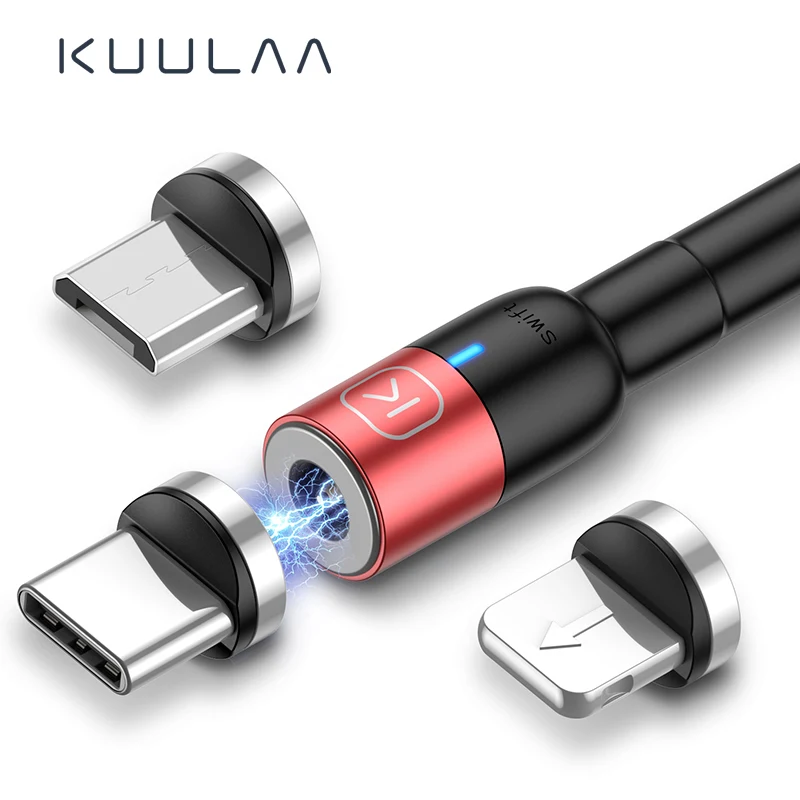 

KUULAA Wholesale Nylon Braided 360 Degree Rotatable 3 in 1 Micro USB Type C Led Fast Charging Magnetic Charging Cable, Black red blue