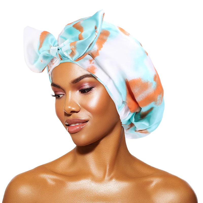 

Printing Luxury Satin Shower Cap with Bow PE Bath Water Proof Shower Caps For Women With Tie