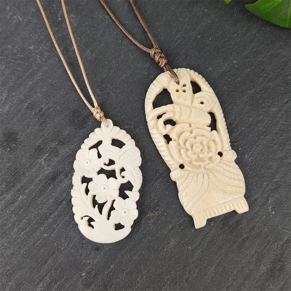 Hand Craft Natural Yak Bone Carving Flower Basket With Butterfly Pendant Unique Tibetan Ornament Gifts Rope Necklace for Unisex