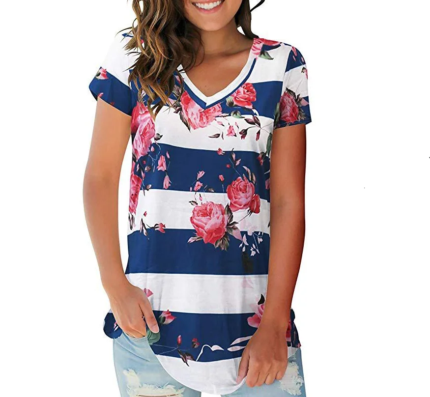 

Summer Women's Floral Print T Shirt Tops Ladies Sexy V-Neck Loose Tee T Shirt 2020