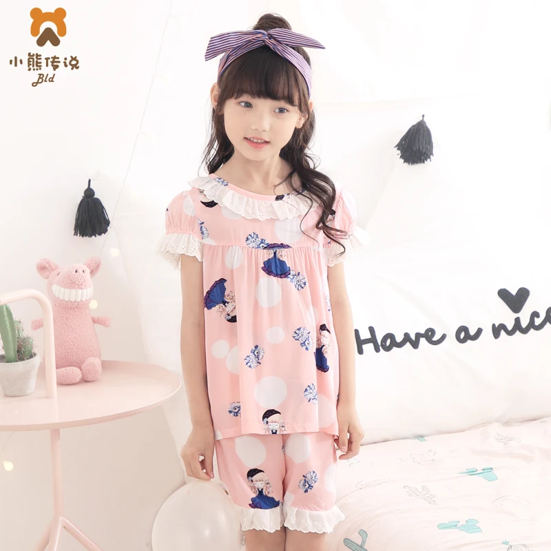 

Wholesale Cheap Girl Cotton Silk Pyjamas Sleepwear Kids Satin Pajama Set, Picture or choose custom
