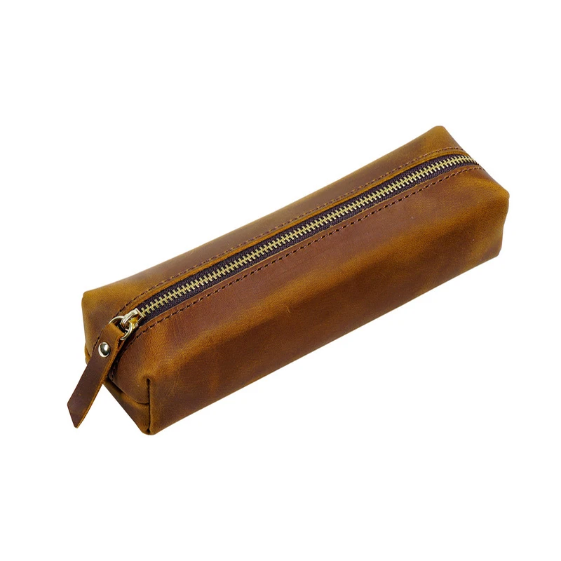AIGUONIU Vintage Leather Pencil Bag Simple Stationery Holder Pen Case with Zipper Pencil Pouch Glasses Box School Supplies