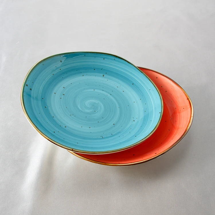 

Wholesale Color Glazed Ceramic Porcelain Restaurant Kitchen Dinner Dishes Plates, Deep blue, light blue, white, orange, yellow