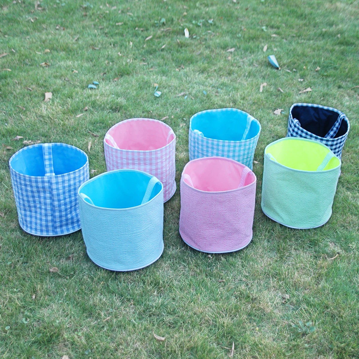 Baby Blue Light Pink Gingham Buckets Cute Bunny Candy Basket Plaid