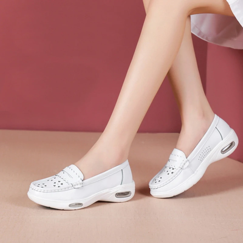 

White Nurse Shoes Breathable Genuine Leather Anti-slip Medical Shoes for Females