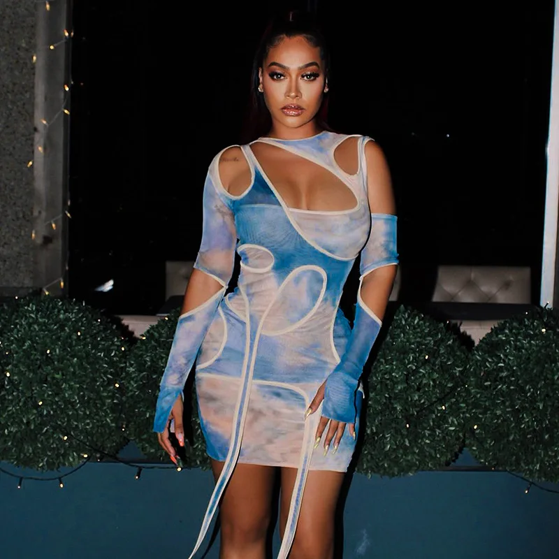 

2021 new arrival casual long sleeve mesh cut out blue Tie dye irregular bodycon tassel dress