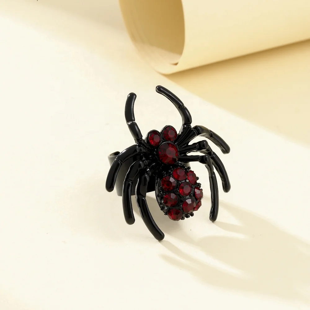 

New Punk Halloween Jewelry Hip Hop Gothic Black Spider Ring Women Red diamond Metal Open Adjustable Index Finger Rings Wholesale