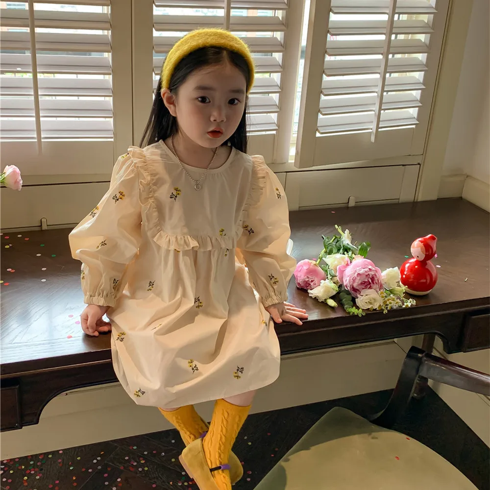 

2022 autumn Korean new arrival little baby girls dresses toddler kids embroidery flower cotton dress clothing MK07120038