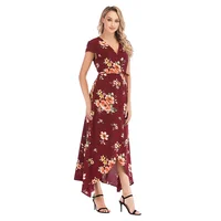 

2019 Fashion Women's Wrap V Neck 3XL Clothing Chiffon Floral Beach Casual Maxi Dress Designs Fat Women ropa de mujer