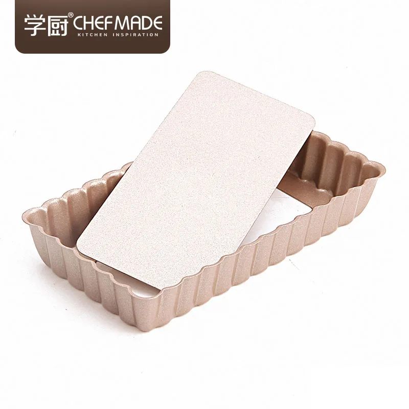 

CHEFMADE 4-Inch 4Pcs with Removable Loose Bottom Non-Stick Oblong Quiche Bakeware Mini Rectangle Tart Pan Set for Oven Baking, Champagne gold