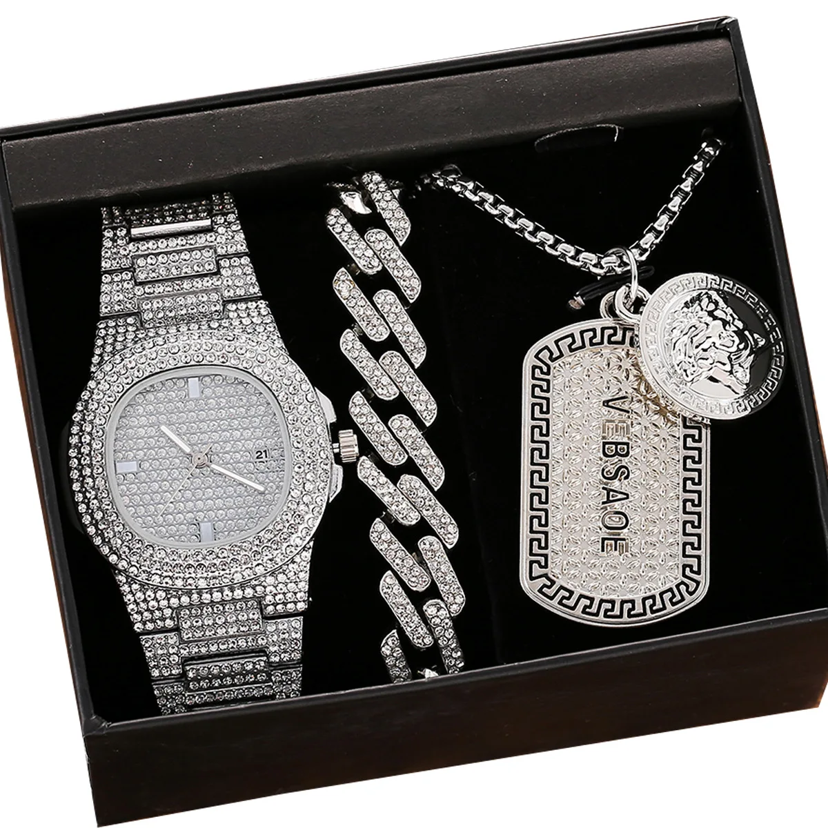 

3pcs/set Good Plated Cuban Chain Bracelet Crystal Watch Sets Silver Coin Name Pendant Full Rhinestone Crystal Watch Bracelet Set