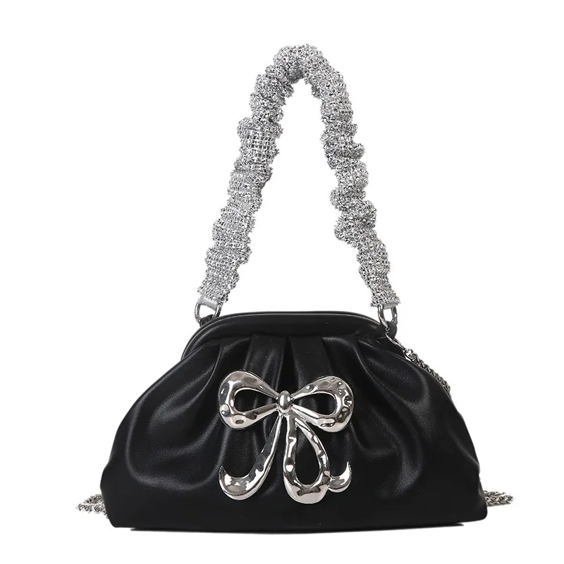 

2022 Women Wrinkled Cloud Bag Crystal Chain PU Leather Leisure Dumpling Shoulder Bag with Bowknot, Solid color