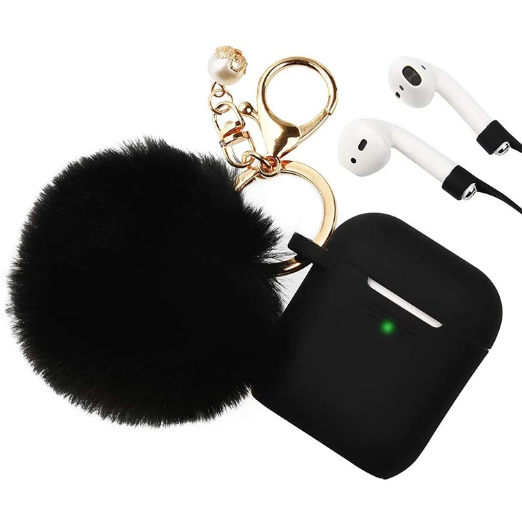 

Wholesale Cute Silicone Earphone Case With Fluffy Pompom Keychain For Airpods 1 2 Cover