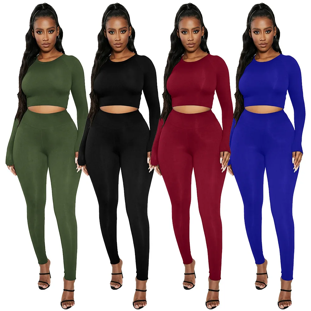 

European American Women Gym Clothing Set Casual Fashion slim Long sleeved Leggings Fitness Two piece Sports lady clothing