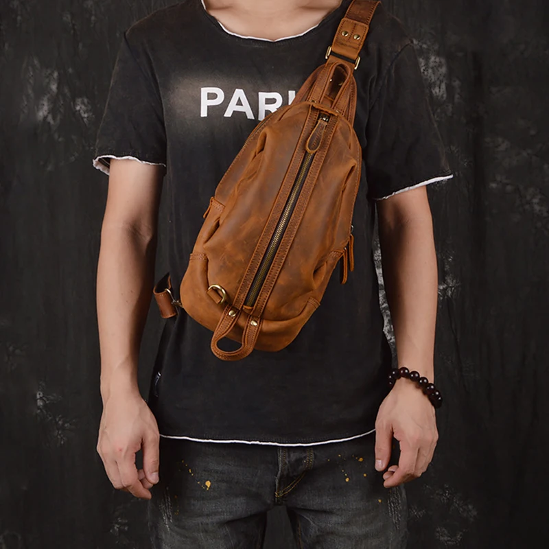 

Guangzhou Vintage Crazy Horse Leather Men Chest Pack Cowhide Travel Bag Single Shoulder Bag