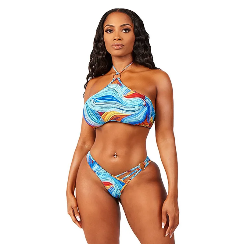 

Split print bathing suits wrap chest sexy swimsuits plus size swimwear for womens sweat suit, Blue