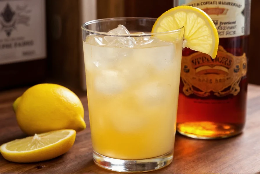 Vernors ginger soda used in cocktail preparation with bourbon and lemon garnish
