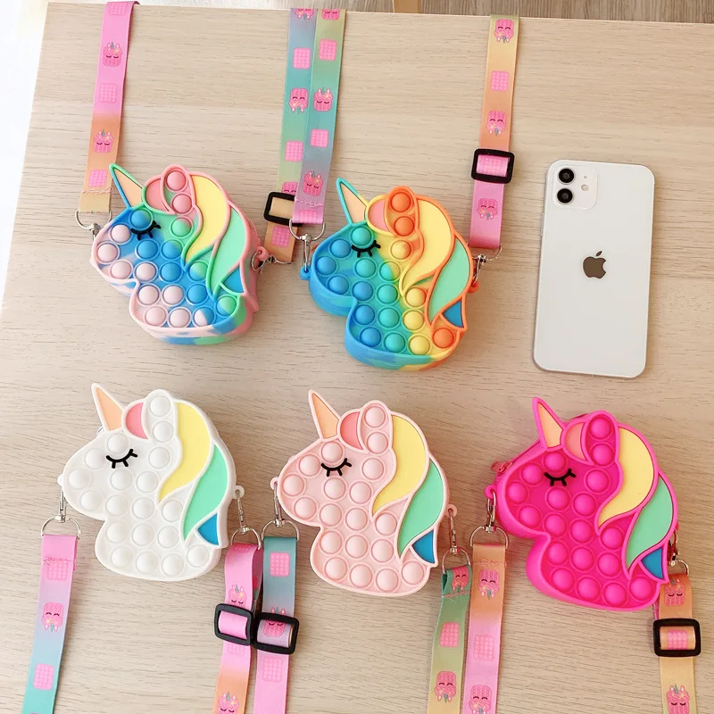 

Christmas Gifts Colorful Rainbow Unicorn Fidget Bag Women Girls Kids Silicone Popoit Fidget Toy Purse Phone Makeup Mini Shoulder, Picture