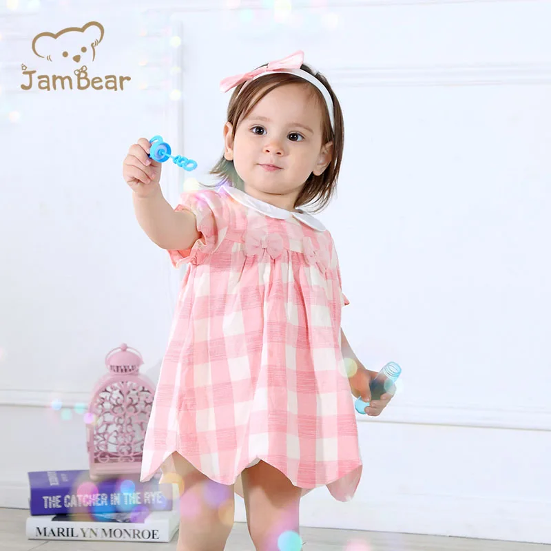 JamBear Baby Dresses 100% Organic Cotton Pink For Girls Checked Dress Infants Skirt Baby Summer Dress