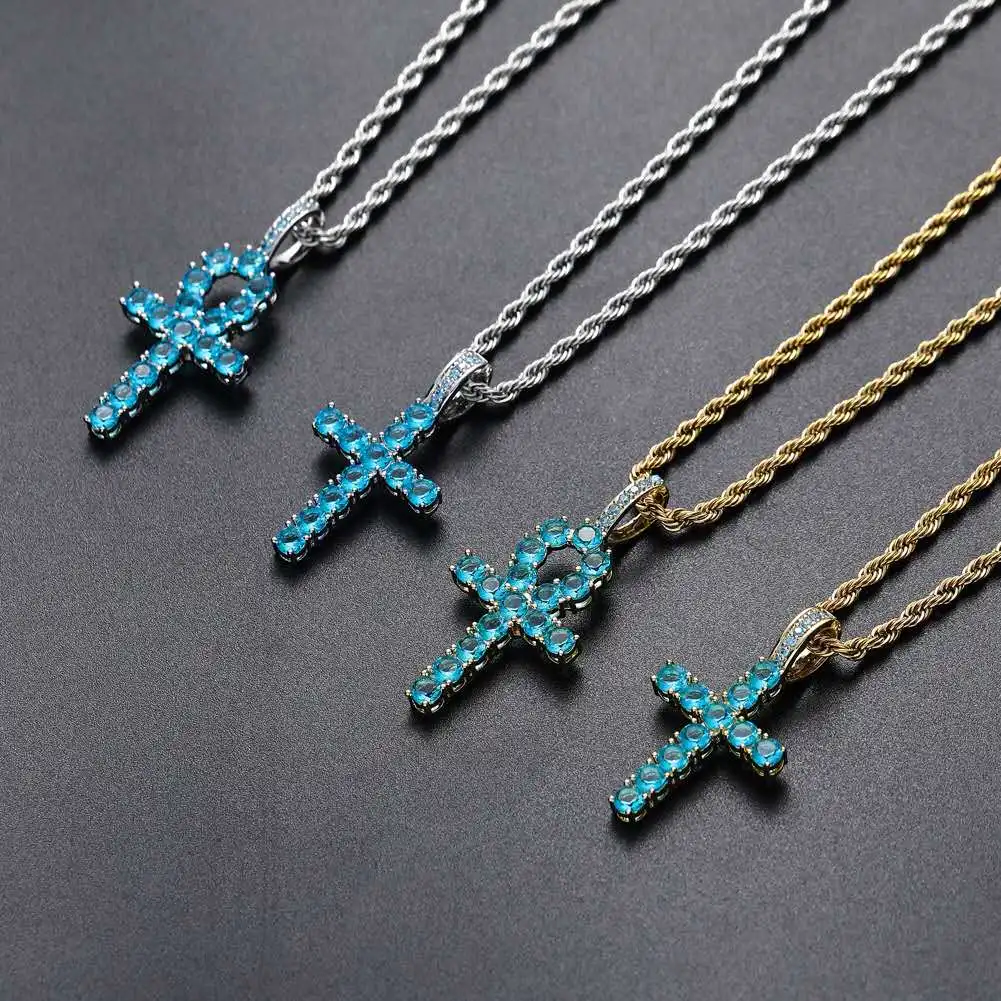 

European and American hip hop copper miniature zircon blue Anka cross pendant hipster man necklace